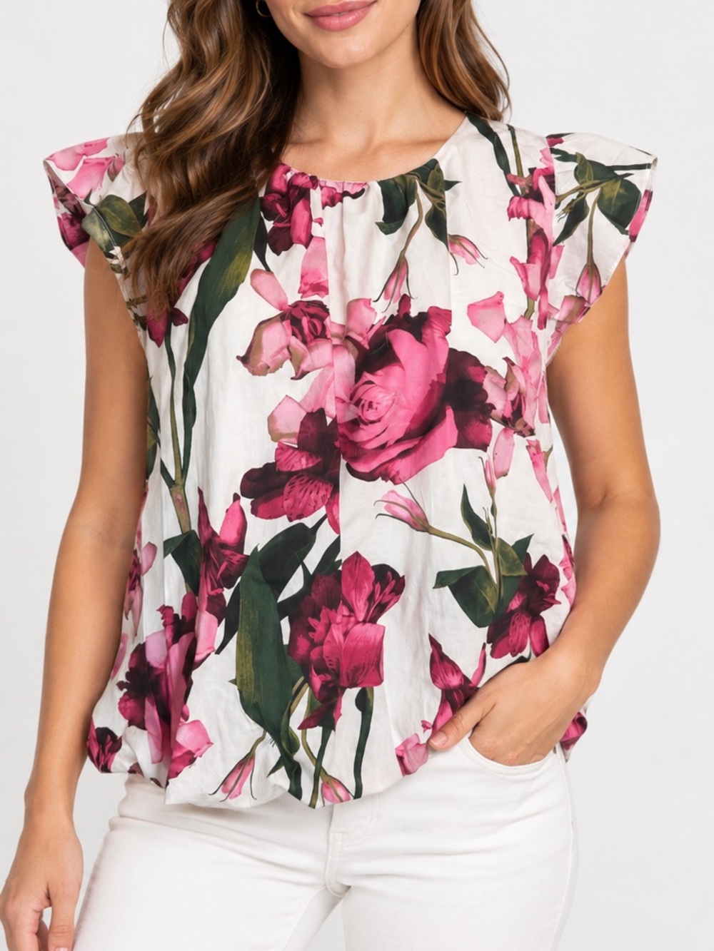 1.STATE Floral Ruffle Sleeve Blouse Pink Green White Cotton Top Size L NWOT